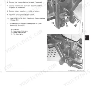 John Deere 5105, 5205 clutch housing installation steps, showing throttle linkage, park brake spring, and transmission lines.