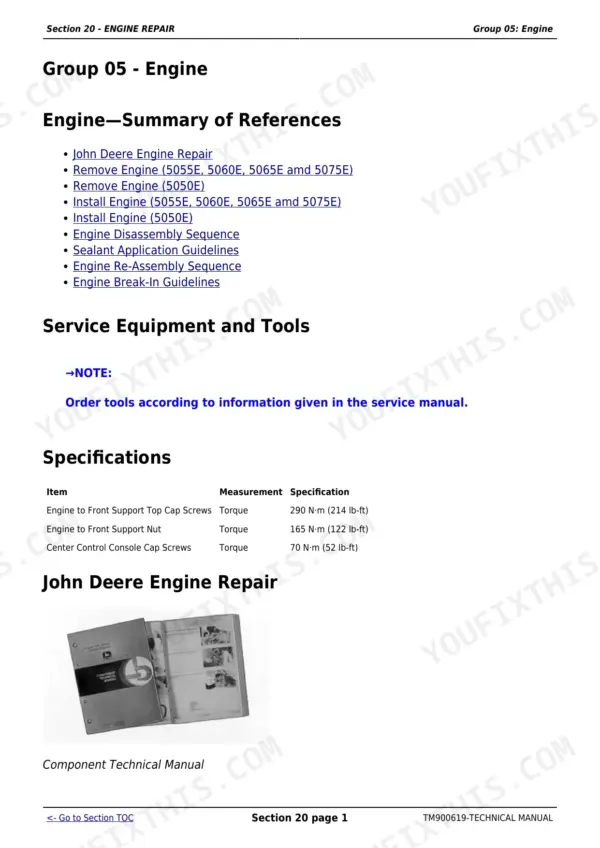 John Deere 5310 repair manual - Engine Repair, Section 20 - ENGINE REPAIR