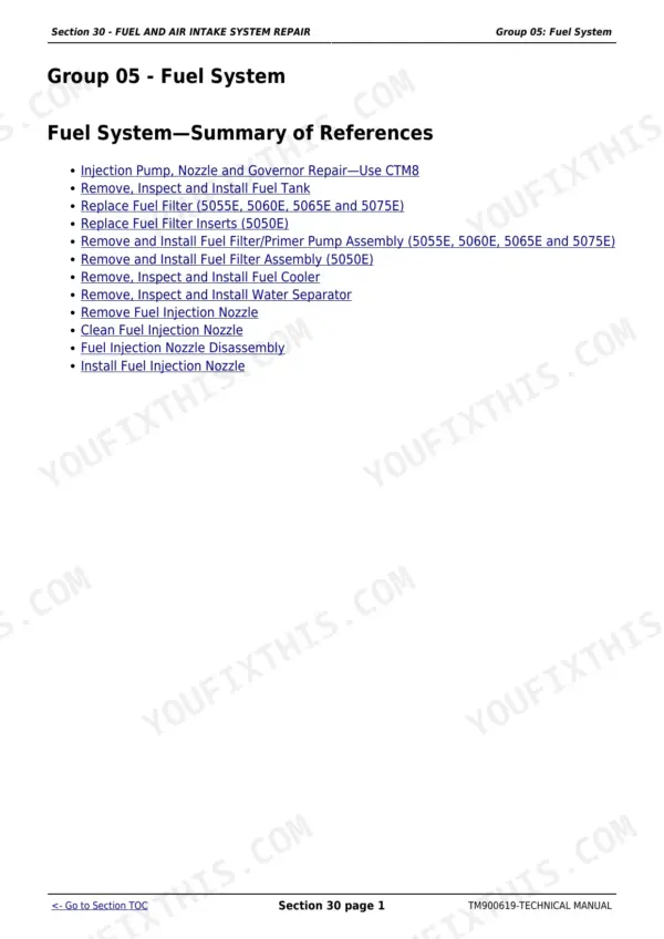 John Deere 5310 repair manual - Fuel and Air Intake System Repair, Section 30 - FUEL AND AIR INTAKE SYSTEM REPAIR