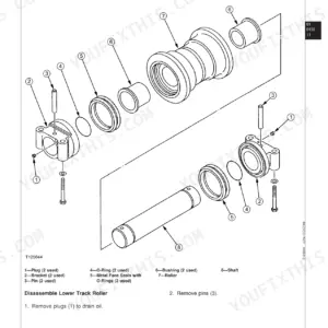 John Deere 550LC exploded view diagram for lower track roller disassembly and assembly procedure.