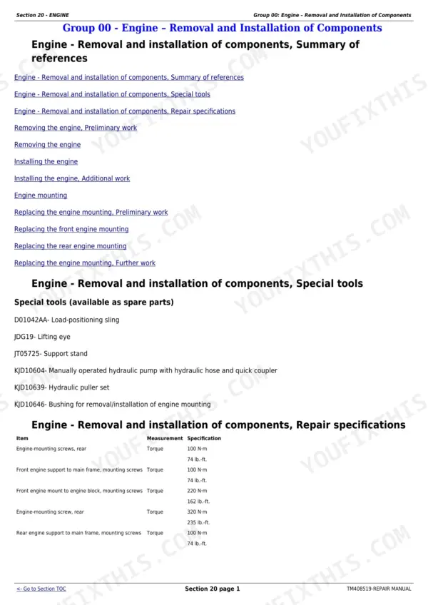 John Deere 6110M repair manual - Engine, Section 20 - ENGINE