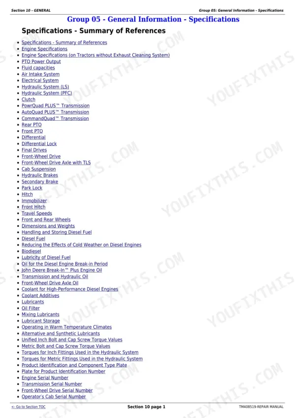 John Deere 6110M repair manual - General Information & Specifications, Section 10 - GENERAL
