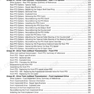 John Deere 6140R, 6150R, 6150RH, 6170R, 6190R, 6210R, 6210RE repair manual table of contents for PTO and drive train systems.
