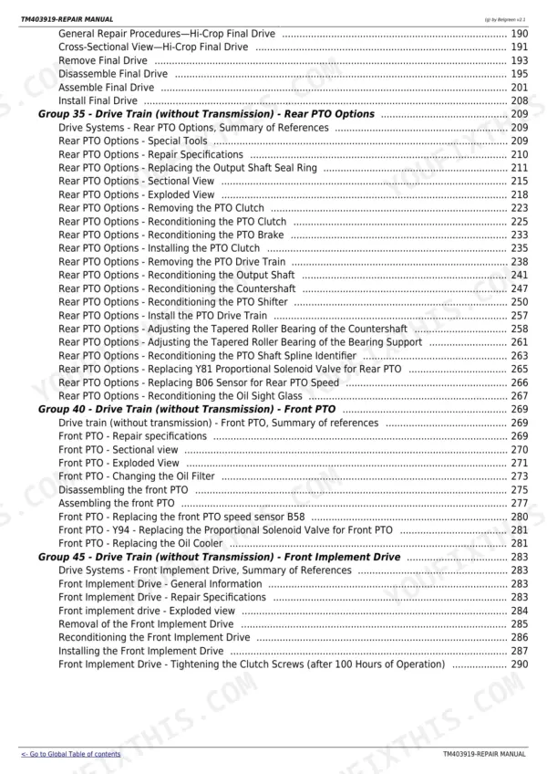 john-deere-6140r-6210re-repair-manual-tm403919-drive-train-260 John Deere 6140R, 6150R, 6150RH, 6170R, 6190R, 6210R, 6210RE repair manual table of contents for PTO and drive train systems.