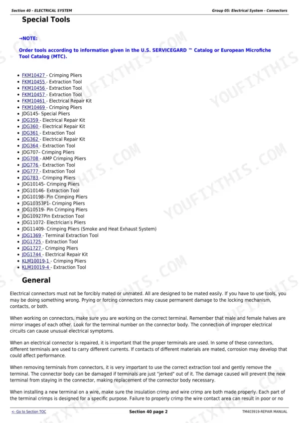 John Deere 6140R-6210RE manual: list of electrical connector special tools and general repair procedures for terminals.