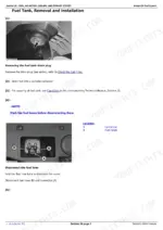 john-deere-6140r-6210re-repair-manual-tm403919-fuel-air-intake-cooling-and-exhaust-system-126 John Deere 6140R-6210RE fuel tank removal and installation procedure showing drain plug and fuel line disconnection steps.
