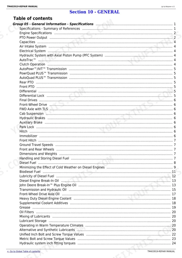 John Deere 6140R, 6150R, 6150RH, 6170R, 6190R, 6210R, 6210RE repair manual Section 10 General Information table of contents.