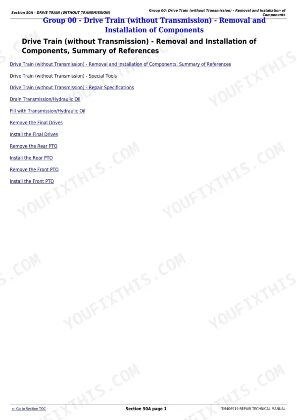 John Deere 6145R repair manual - Drive Train, Group 00: Drive Train (without Transmission) - Removal and Installation