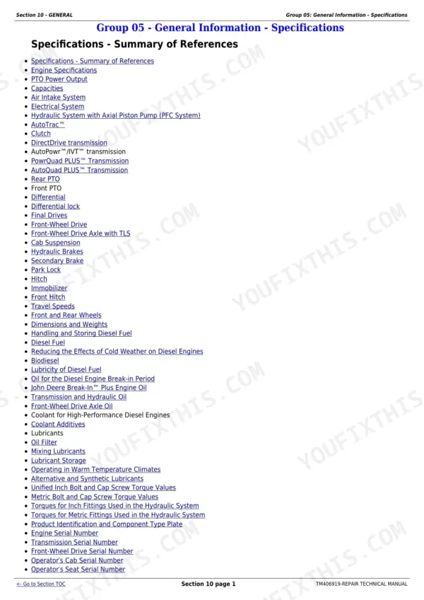 John Deere 6145R repair manual - General Information & Specifications, Section 10 - GENERAL