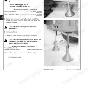 John Deere 624H, TC62H rear axle removal procedure showing floor stand placement and machine weight specifications.