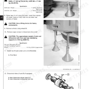 John Deere 644H, 644H MH axle removal procedure, floor stand placement, and differential brake line diagram.