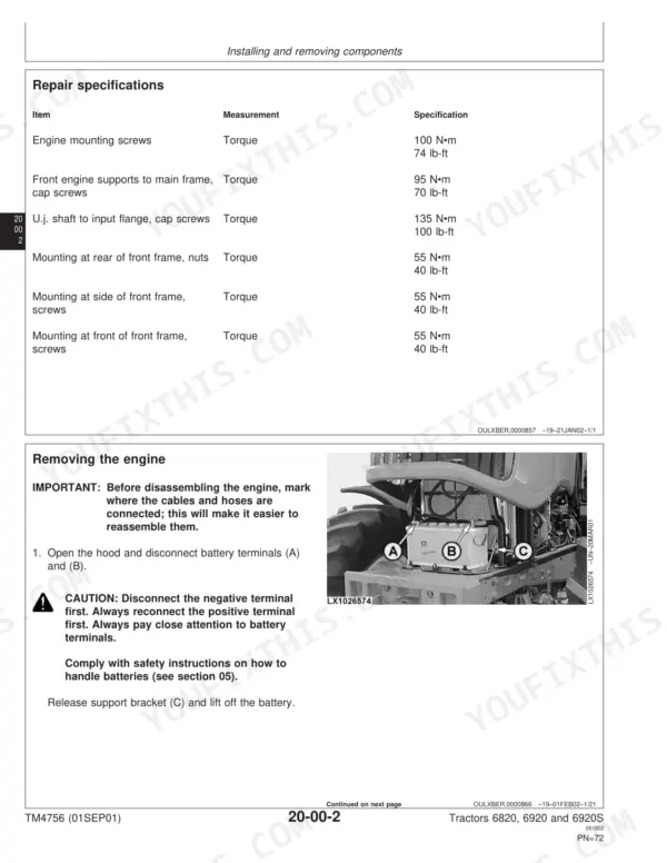 John Deere 6820 technical manual - Engine, Repair specifications