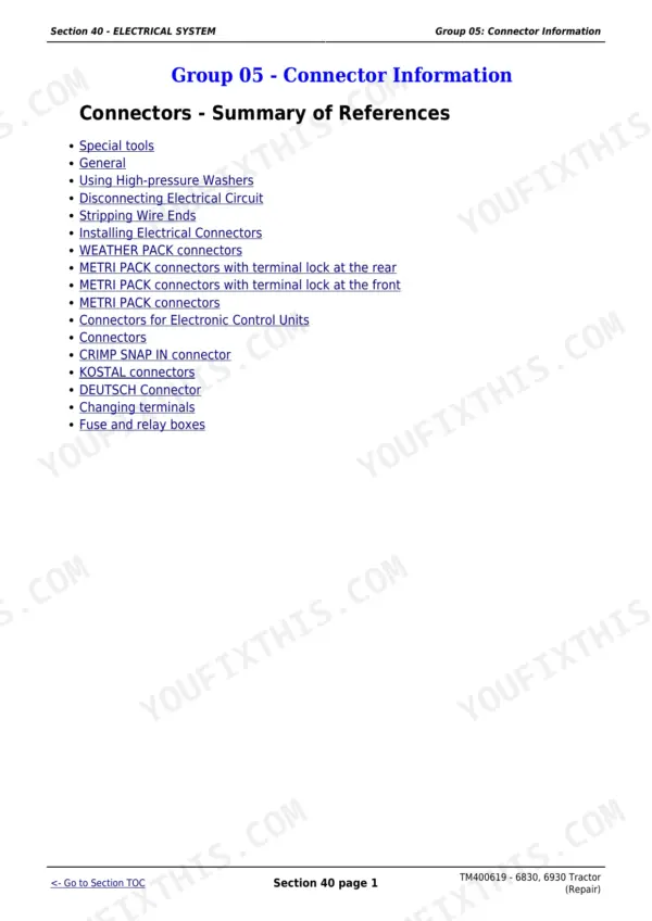 John Deere 6830 repair manual - Electrical System, Section 40 - ELECTRICAL SYSTEM