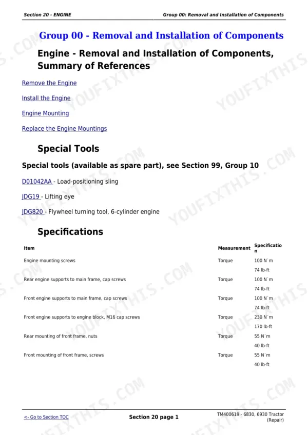 John Deere 6830 repair manual - Engine, Section 20 - ENGINE