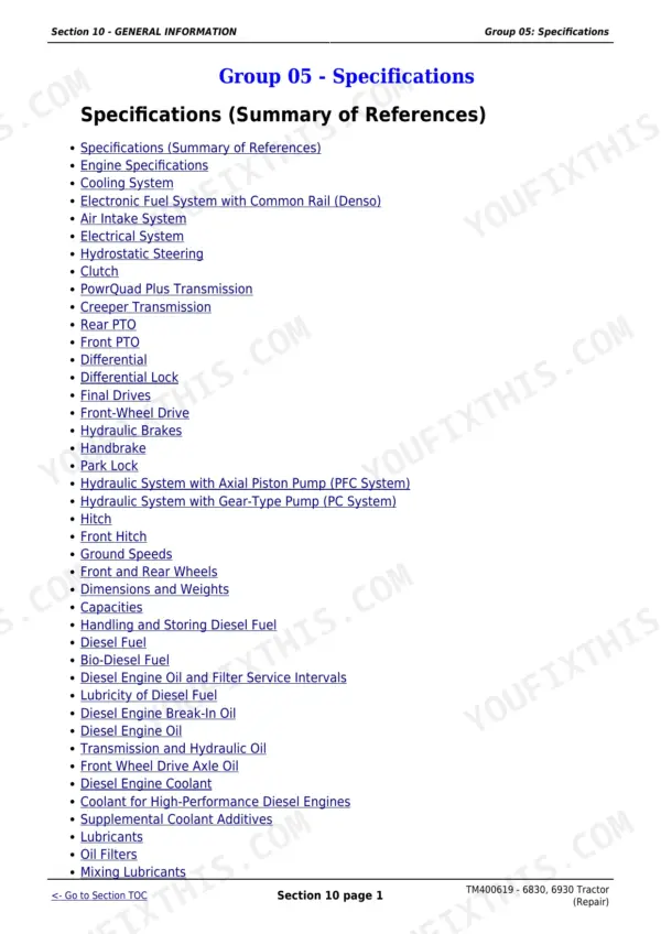 John Deere 6830 repair manual - General Information & Specifications, Section 10 - GENERAL INFORMATION