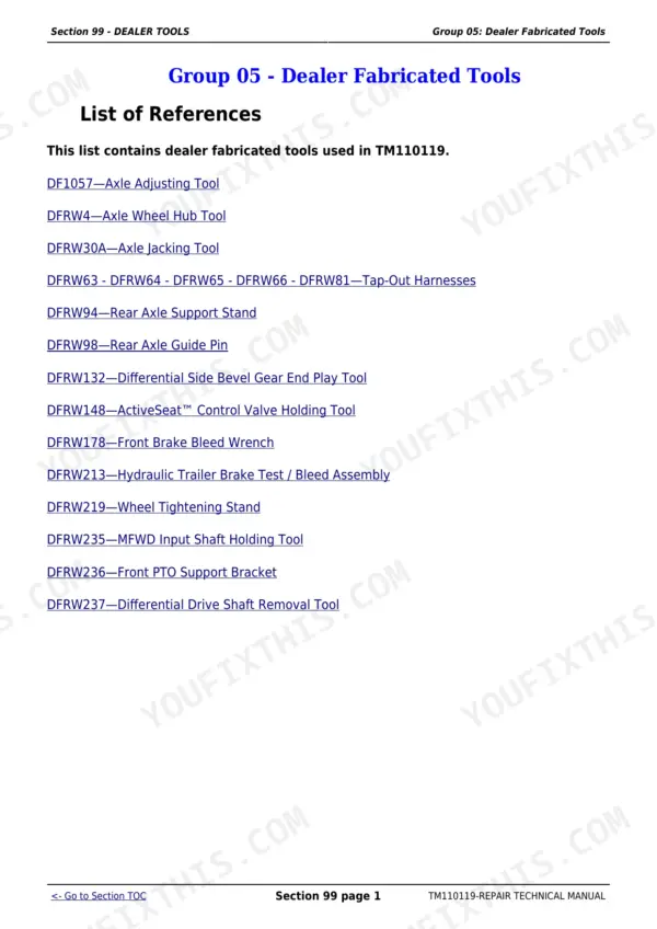 John Deere 7200R repair manual - Dealer Tools, Section 99 - DEALER TOOLS