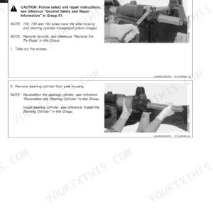 John Deere 730, 733, 740, 745, 750 service manual procedure for removing the steering cylinder and tie-rods.
