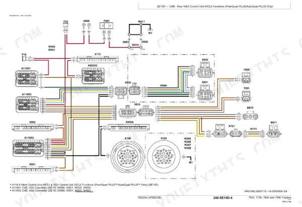 John Deere 7630–7930 operation and tests manual — rear hitch control unit (HCU) color wiring schematic, p. 3148
