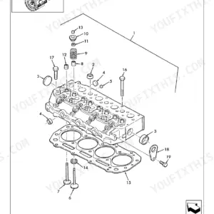 New Holland LS170 cylinder head exploded view with valves, gasket and head bolts — parts catalog page 16.