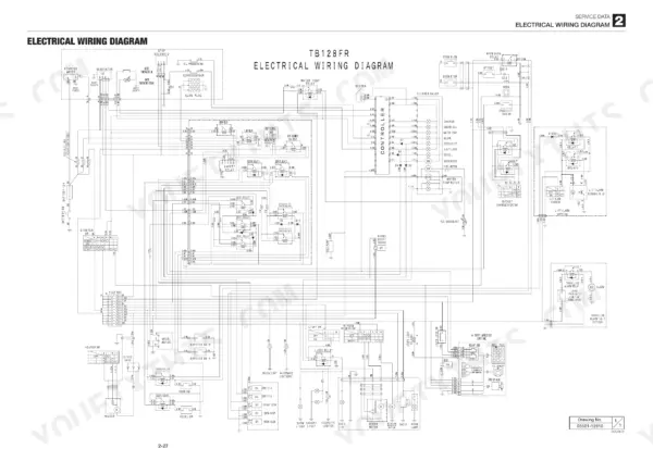 Takeuchi TB128FR electrical wiring diagram showing the starter, glow plug, controller, relay box and instrument-cluster circuits.