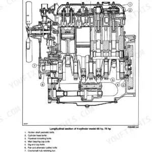 New Holland 4835, 5635, 6635, 7635 longitudinal engine section diagram showing internal components and bolt locations.