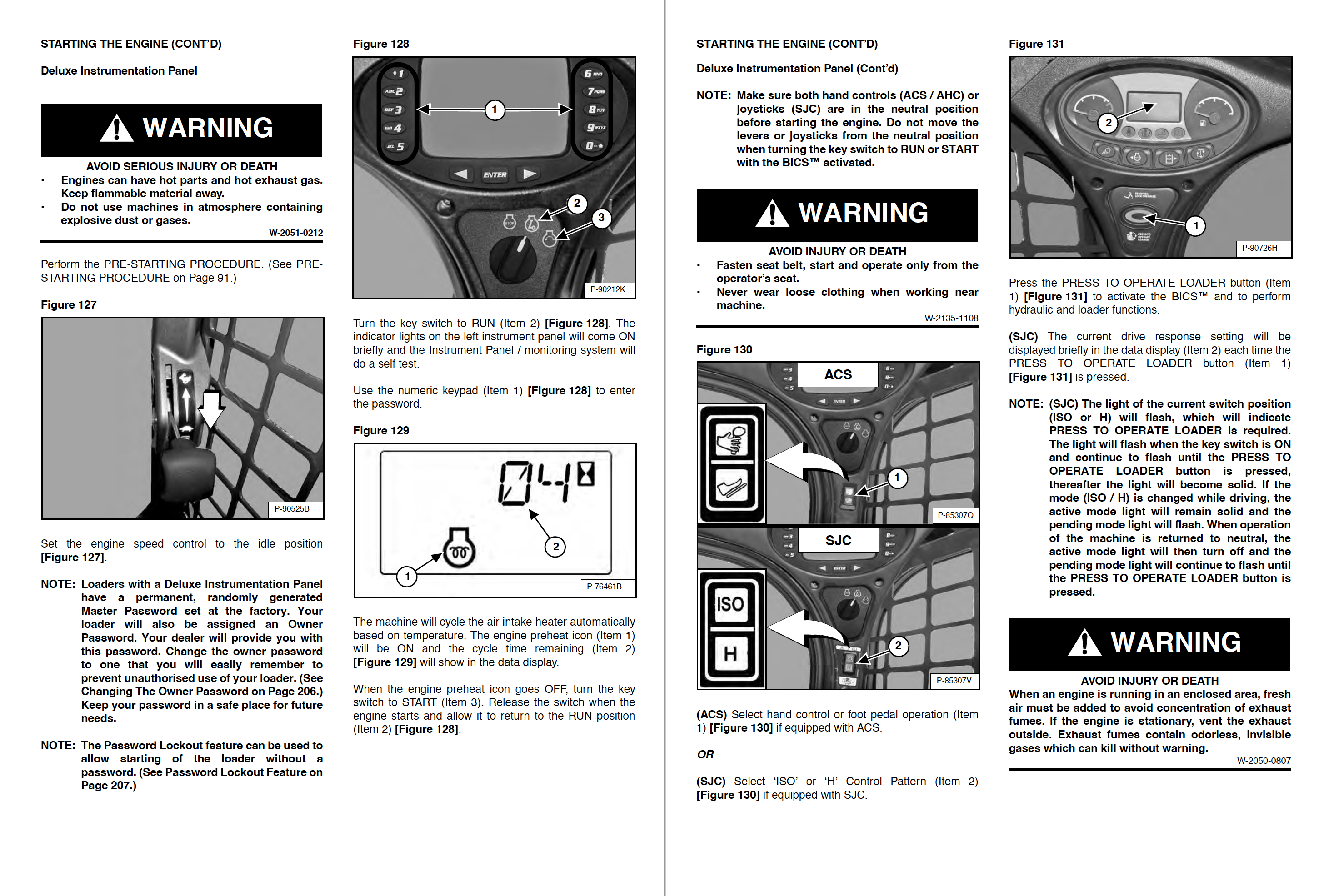 Operator manual page with instrument panel diagrams, control descriptions, and safety warnings