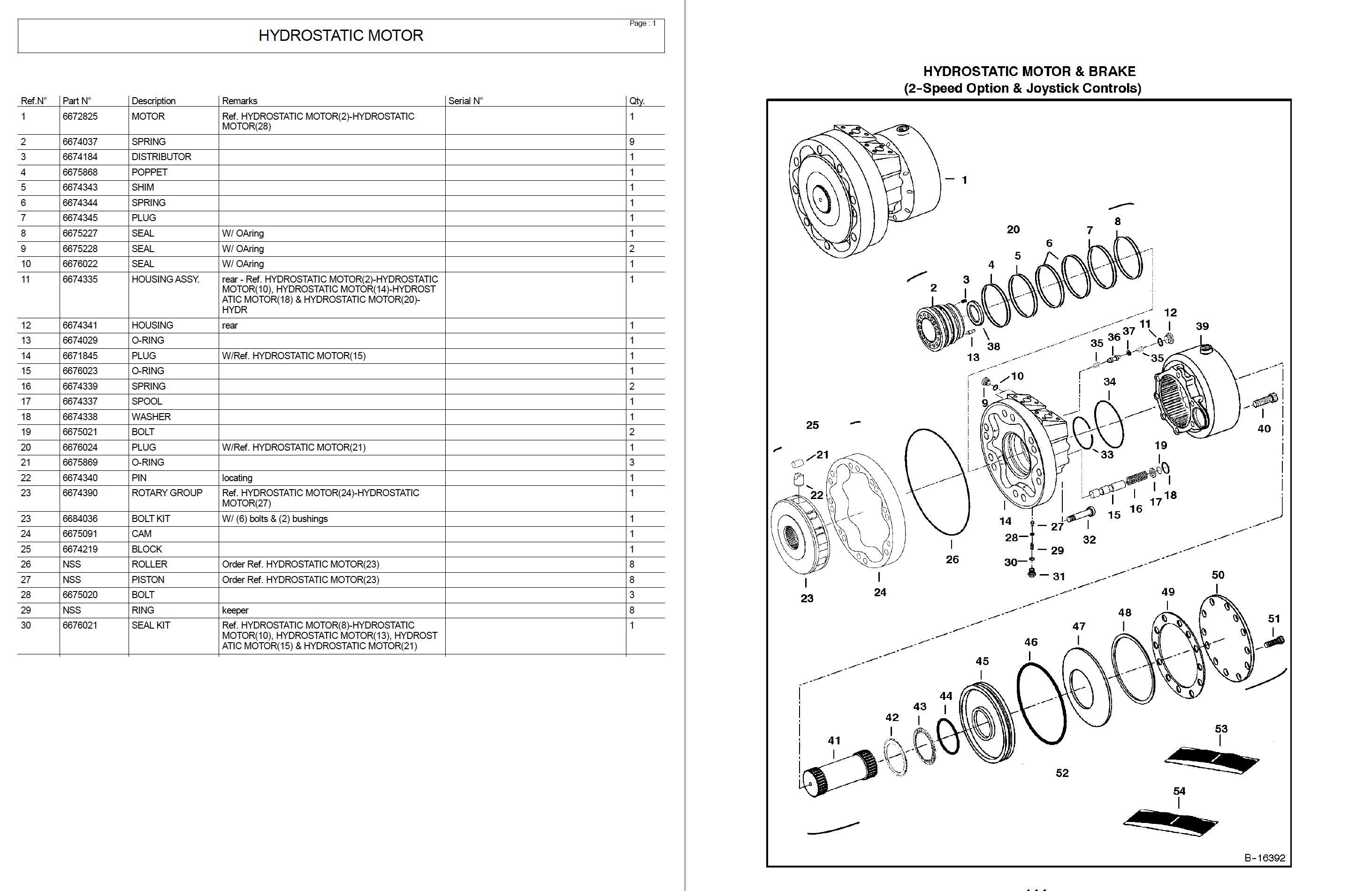 Parts catalog with exploded view diagram of hydrostatic motor and part numbers table