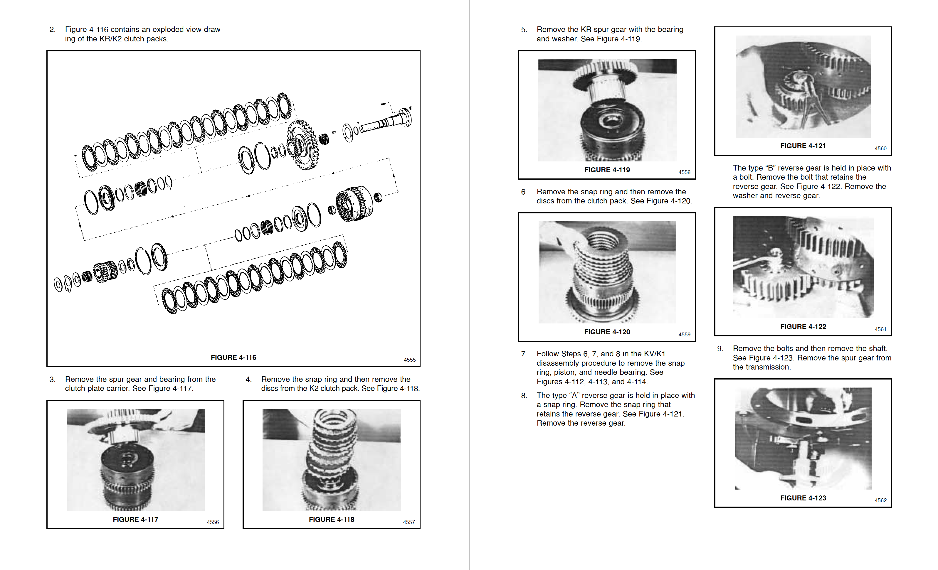 Service manual page with repair procedures, exploded view diagram, and step-by-step disassembly photos