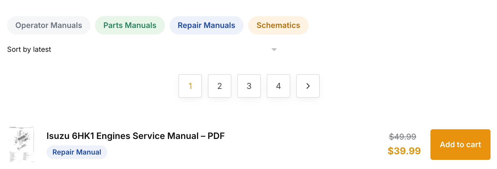 Store category navigation showing four manual types: Operator Manuals, Parts Manuals, Repair Manuals, and Schematics