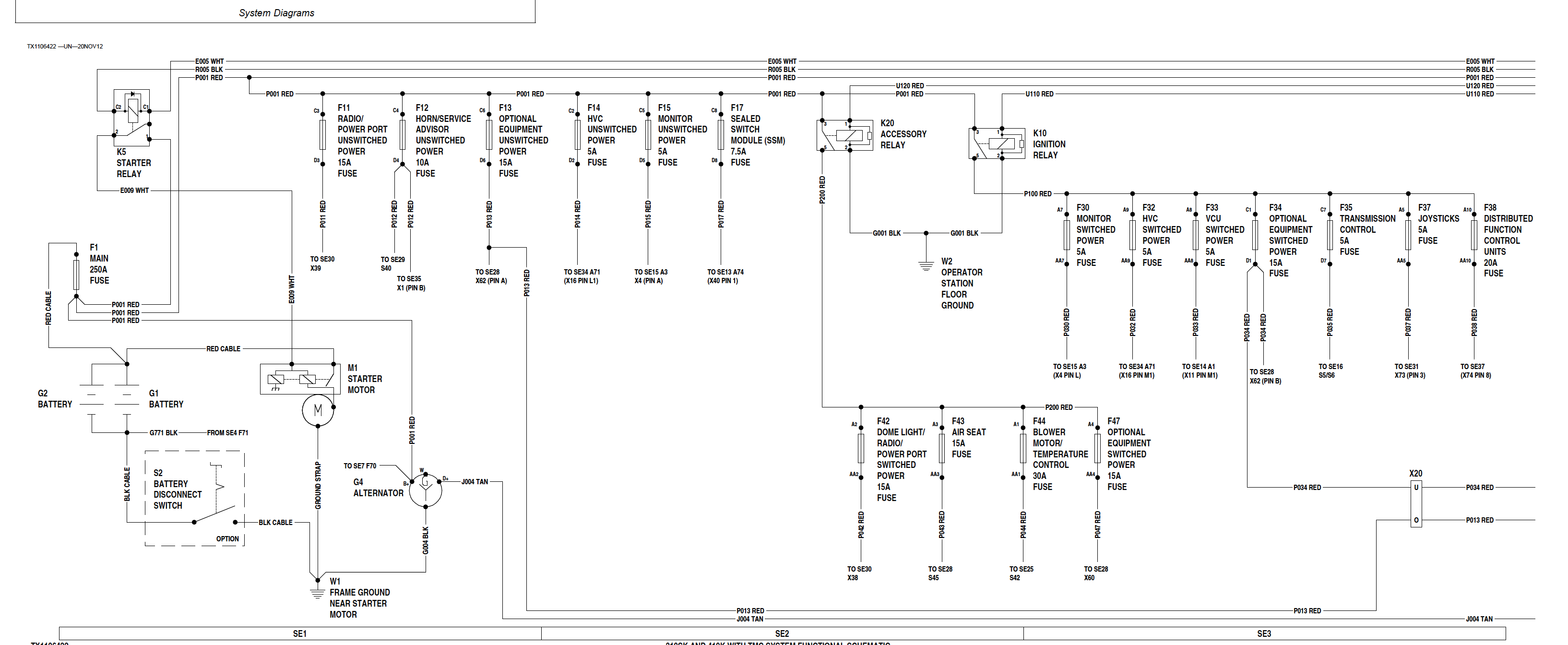 Full electrical system wiring diagram with fuses, relays, battery connections, and component circuits