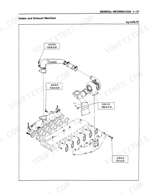 Isuzu 4BD1T 6BD1T 6BG1T intake and exhaust manifold torque specs exploded view with turbo, kg-m lb-ft values