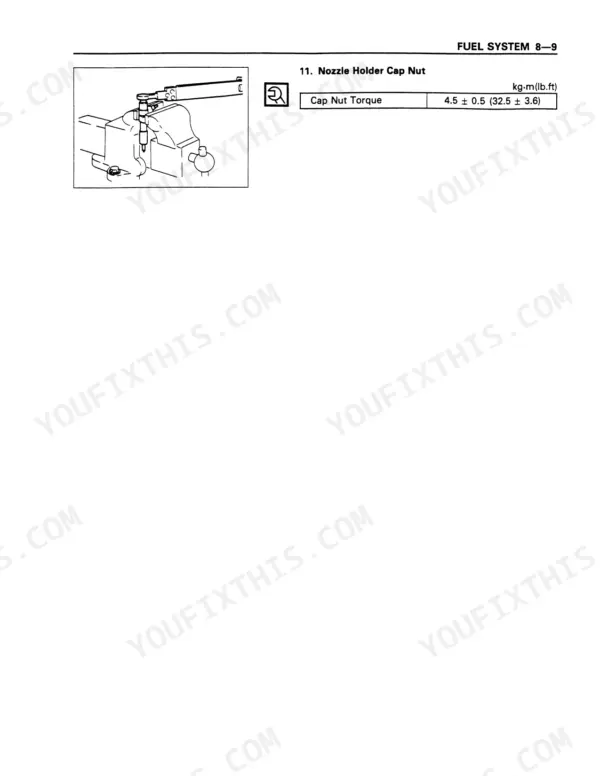 Isuzu 4BD1 6BD1 6BG1 fuel system nozzle holder cap nut torque spec 4.5±0.5 kg·m with installation diagram