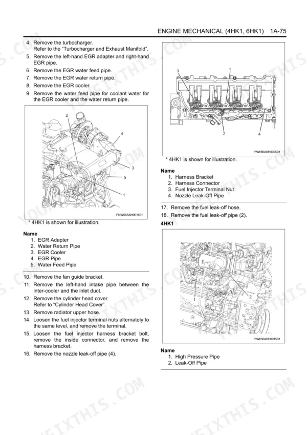 Isuzu 4HK1 6HK1 engine mechanical EGR cooler and fuel injector removal procedure with component diagrams