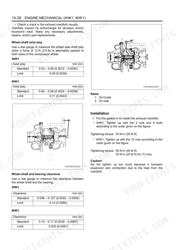 Isuzu 4HK1 6HK1 turbocharger wheel shaft axial play and bearing clearance specs with oil outlet inlet diagram