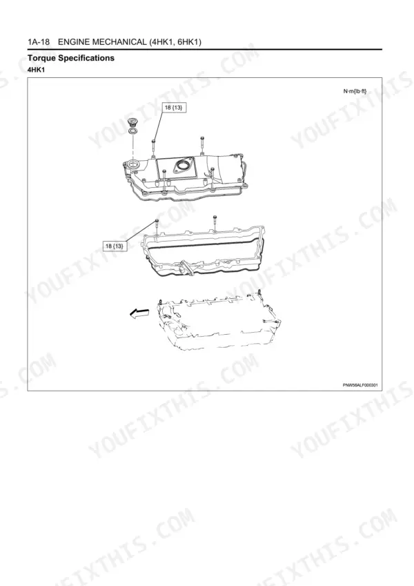 Isuzu 4HK1 engine mechanical torque specifications diagram showing oil pan bolt torque 18 N·m (13 lb·ft)