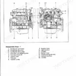 Isuzu 4JG2 engine assembly disassembly steps diagram showing cooling fan, injection pump, manifolds, oil filter