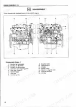 Isuzu 4JG2 engine assembly disassembly steps diagram showing cooling fan, injection pump, manifolds, oil filter