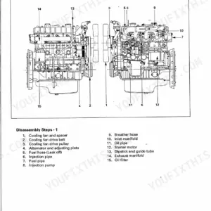 Isuzu 4JG2 engine assembly disassembly steps diagram showing cooling fan, injection pump, manifolds, oil filter