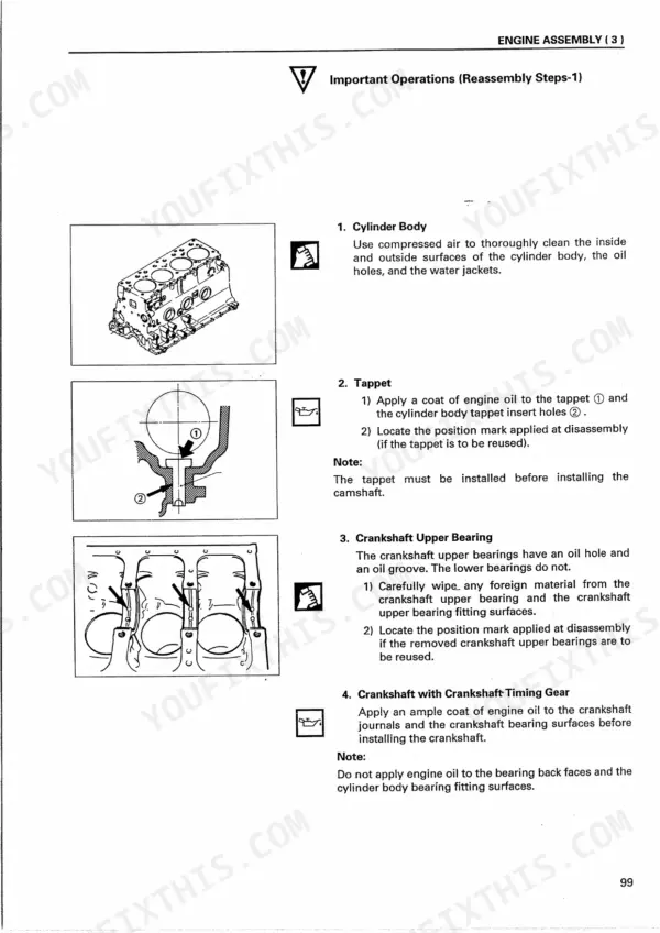 Isuzu 4JG2 engine assembly reassembly steps cylinder body tappet crankshaft upper bearing installation procedures