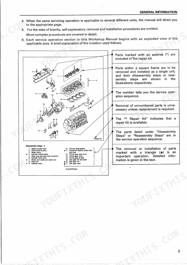 Isuzu 4JG2 service manual general information page explaining exploded view notation and disassembly steps diagram
