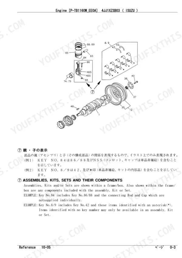 Isuzu 4JJ1XZSB03 Parts Catalog — crankshaft, piston, connecting rod and flywheel exploded diagram