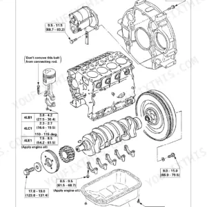 Isuzu 4LB1 4LC1 4LE1 cylinder block exploded view with torque specs for pistons crankshaft and oil pan