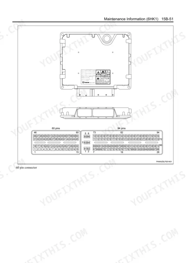 Isuzu 6HK1 ECM connector pin layout diagram showing 60-pin and 94-pin connector face views with numbered terminal positions