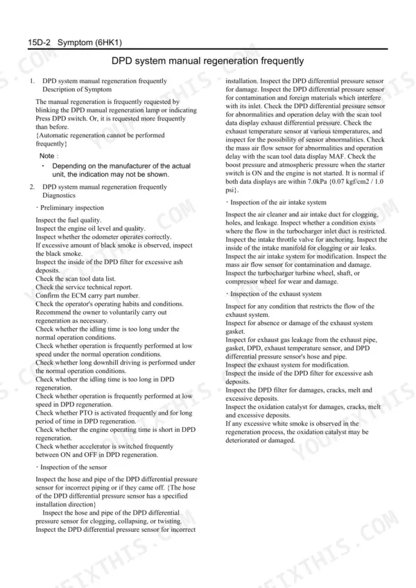 Isuzu 6HK1 DPD system manual regeneration frequency troubleshooting checklist with inspection steps