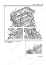 Isuzu 6HK1 lubrication system fan guide stay removal procedure with engine overview diagrams
