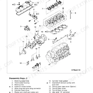 Isuzu A-4JG1 engine assembly exploded view showing cylinder head, timing gears, water pump disassembly steps
