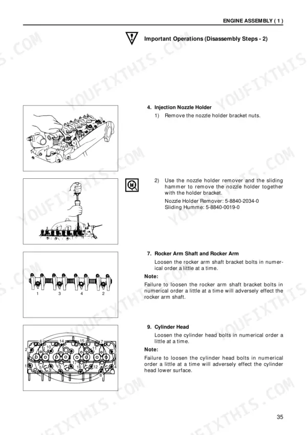 Isuzu A-4JG1 engine disassembly steps: injection nozzle holder removal, rocker arm shaft, cylinder head bolt loosening sequence