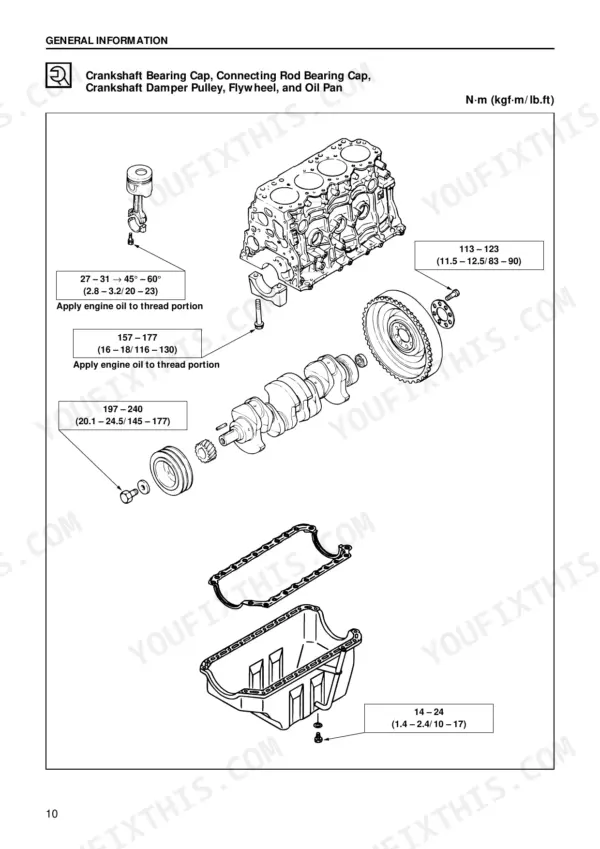 Isuzu A-4JG1 torque specs diagram for crankshaft bearing cap, connecting rod, flywheel, damper pulley, and oil pan N·m