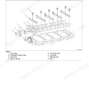 Isuzu A1-4JJ1 camshaft assembly exploded view with scissors gear, bearing caps, and damper spring