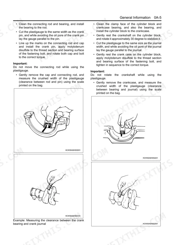 Isuzu A1-4JJ1 plastigauge procedure measuring crank bearing and journal clearance with diagrams